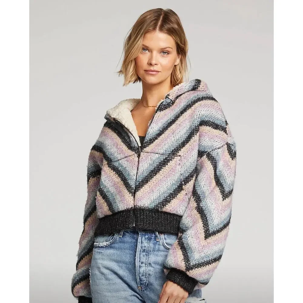 New Saltwater Luxe Carmen Jacket Multi Striped Sherpa Fleece Hoodie Small